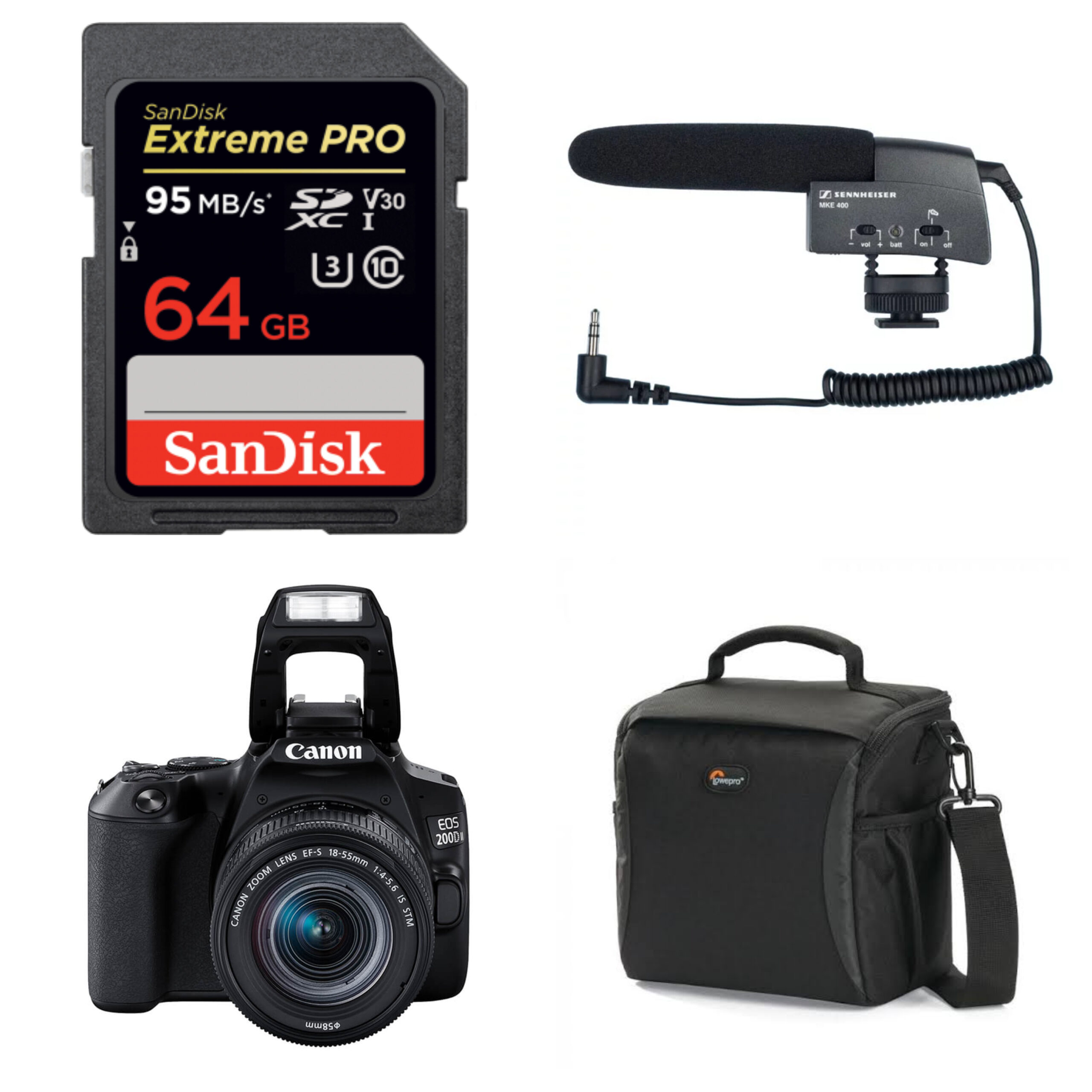 Canon 200D M2 Kit Including 18-55mm Lens, Sandisk 64GB Memory Card, Sennheiser MKE400 Mic And Lowepro Shoulder Bag